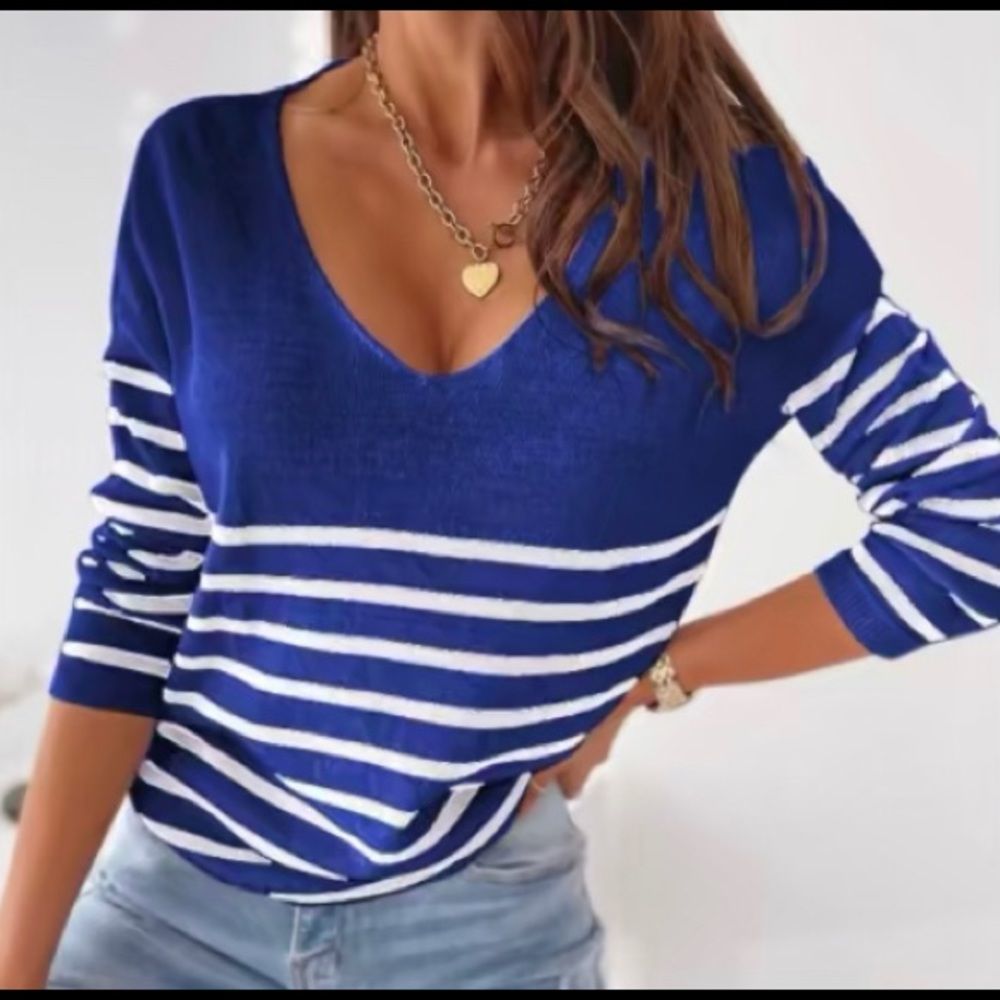 Women's Blue and White Striped Sweater